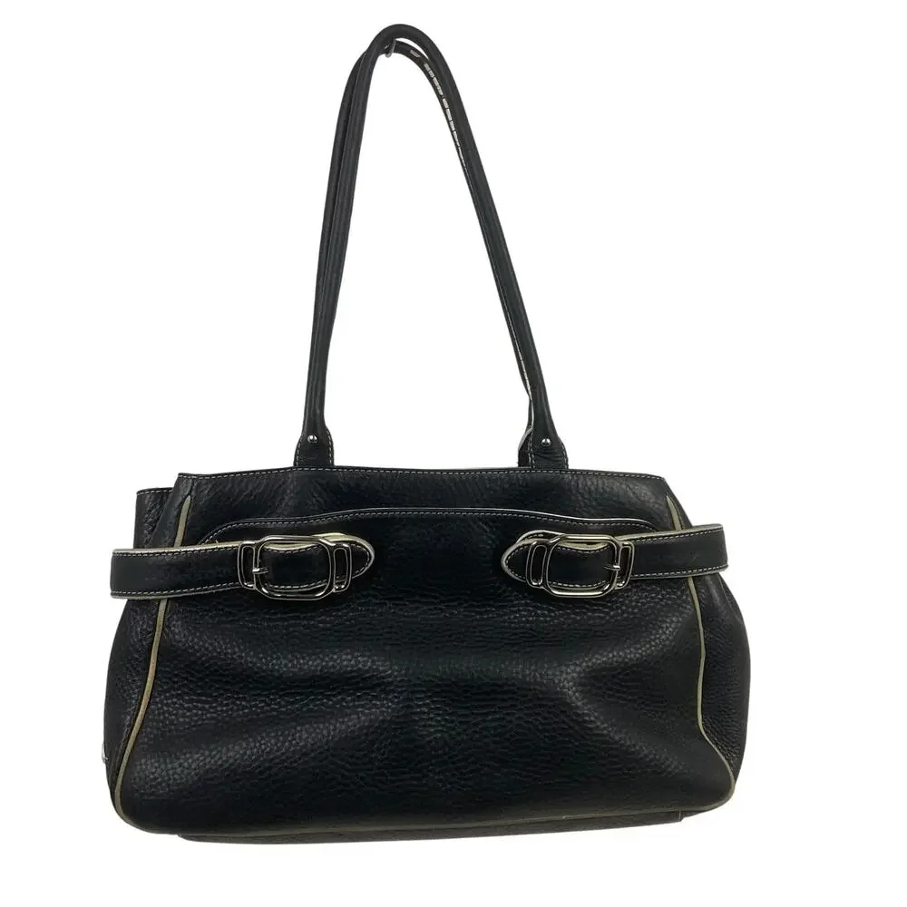 Cole Haan Village Pebbled Leather Bag Black White Trim Buckle Satchel Lined Teal